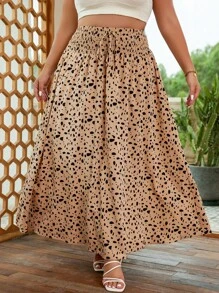 SHEIN VCAY 大碼斑點印花前打結半身裙 - 卡其色 - 查看 5