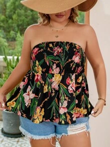 SHEIN VCAY Plus Floral Print Tube Top - Black - View 1