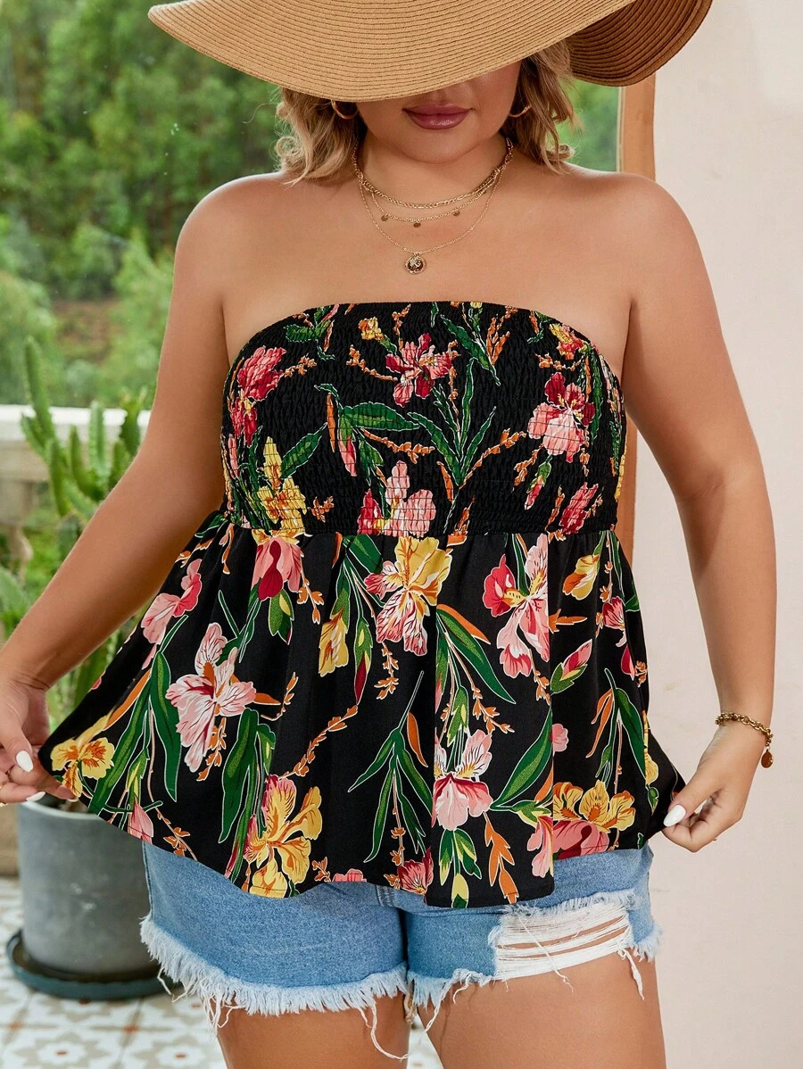 SHEIN VCAY Plus Floral Print Tube Top - Black - View 1