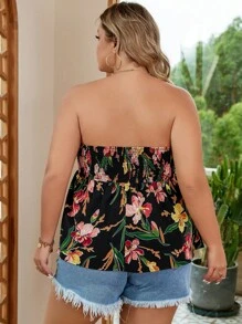 SHEIN VCAY Plus Floral Print Tube Top - Black - View 2