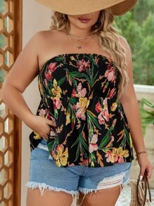 SHEIN VCAY Plus Floral Print Tube Top - Black - View 5