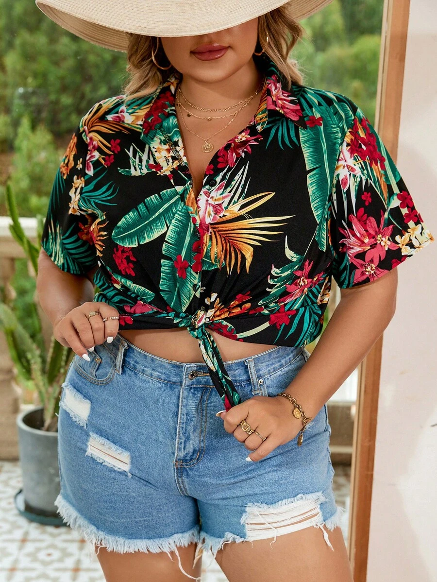 SHEIN VCAY 大碼熱帶圖案前紐扣襯衫 - 黑色 - 查看 1