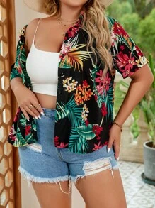 SHEIN VCAY 大碼熱帶圖案前紐扣襯衫 - 黑色 - 查看 3