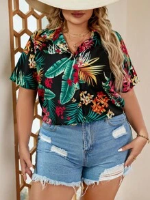 SHEIN VCAY 大碼熱帶圖案前紐扣襯衫 - 黑色 - 查看 4