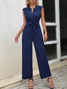 SHEIN LUNE Mono de pierna ancha de cuello de muesca con cinturón - Azul Marino - Ver 5