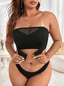 Talla grande Sujetador bandeau de malla en contraste - Negro - Ver 1