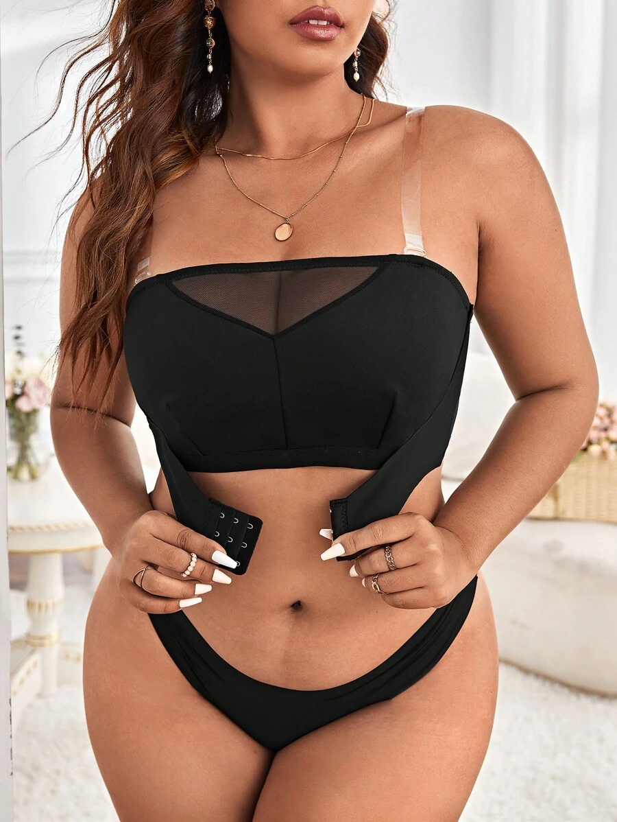 Talla grande Sujetador bandeau de malla en contraste - Negro - Ver 1