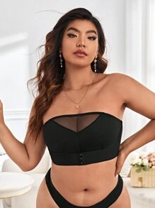 Talla grande Sujetador bandeau de malla en contraste - Negro - Ver 4