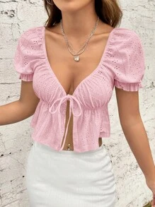 SHEIN EZwear Eyelet Embroidery Tie Front Ruffle Hem Tee - Baby Pink - View 6
