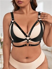 大碼環鏈PU皮革束帶文胸不附襯裏 - 黑色 - 查看 4