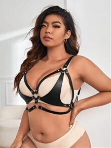 大碼環鏈PU皮革束帶文胸不附襯裏 - 黑色 - 查看 6