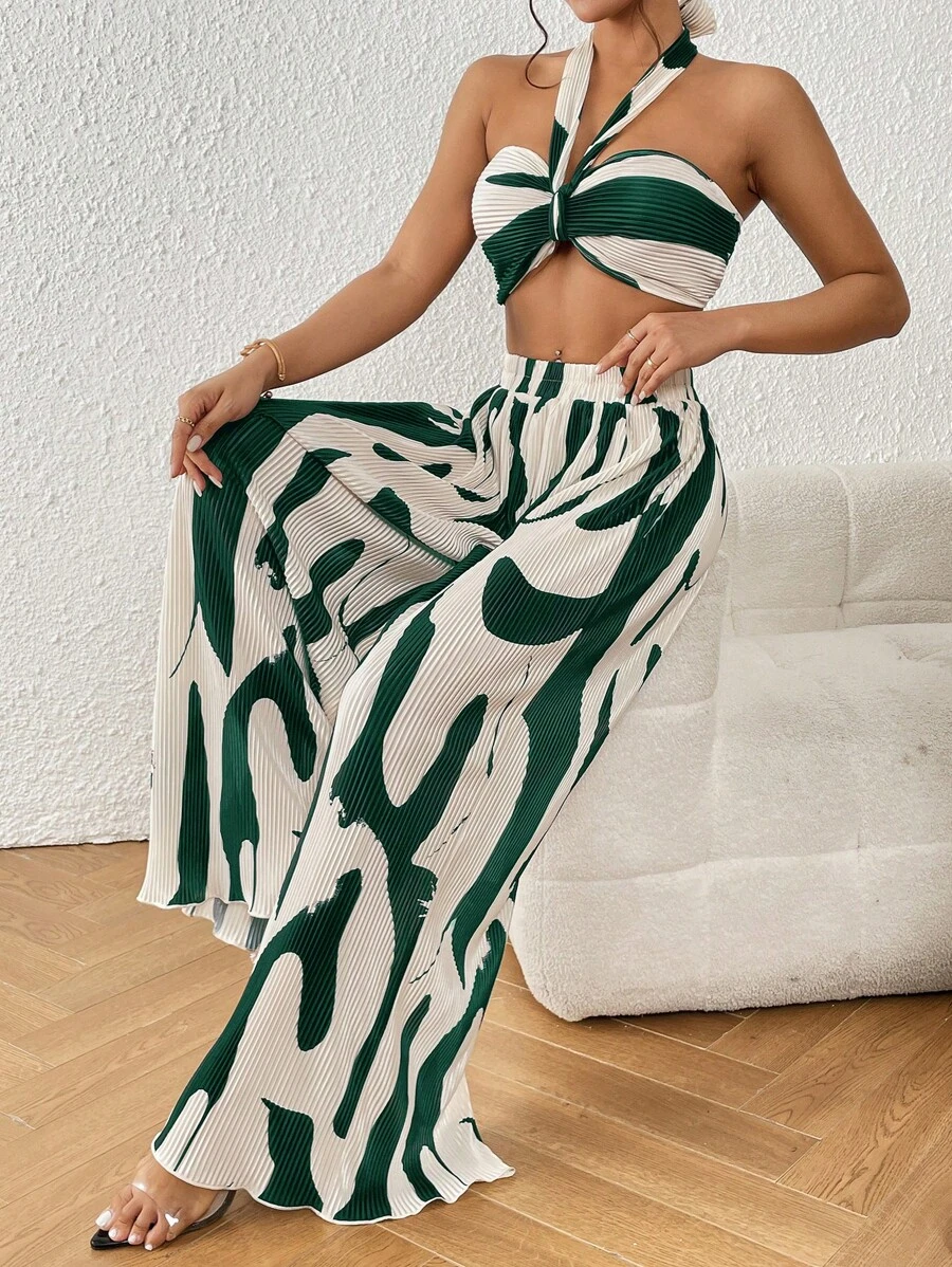 Graphic Print Halter Top & Wide Leg Pants Two Piece - Dark Green - View 1