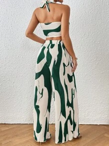 Graphic Print Halter Top & Wide Leg Pants Two Piece - Dark Green - View 2