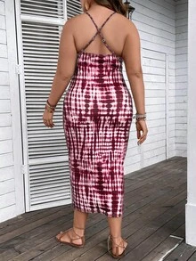 SHEIN LUNE 大碼紮染側抽繩高衩吊帶連衣裙 - 酒紅色 - 查看 2