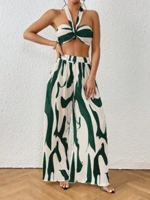 Graphic Print Halter Top & Wide Leg Pants Two Piece - Dark Green - View 4