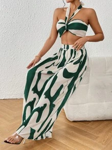 Graphic Print Halter Top & Wide Leg Pants Two Piece - Dark Green - View 5