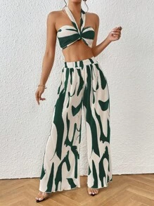 Graphic Print Halter Top & Wide Leg Pants Two Piece - Dark Green - View 6