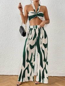Graphic Print Halter Top & Wide Leg Pants Two Piece - Dark Green - View 7