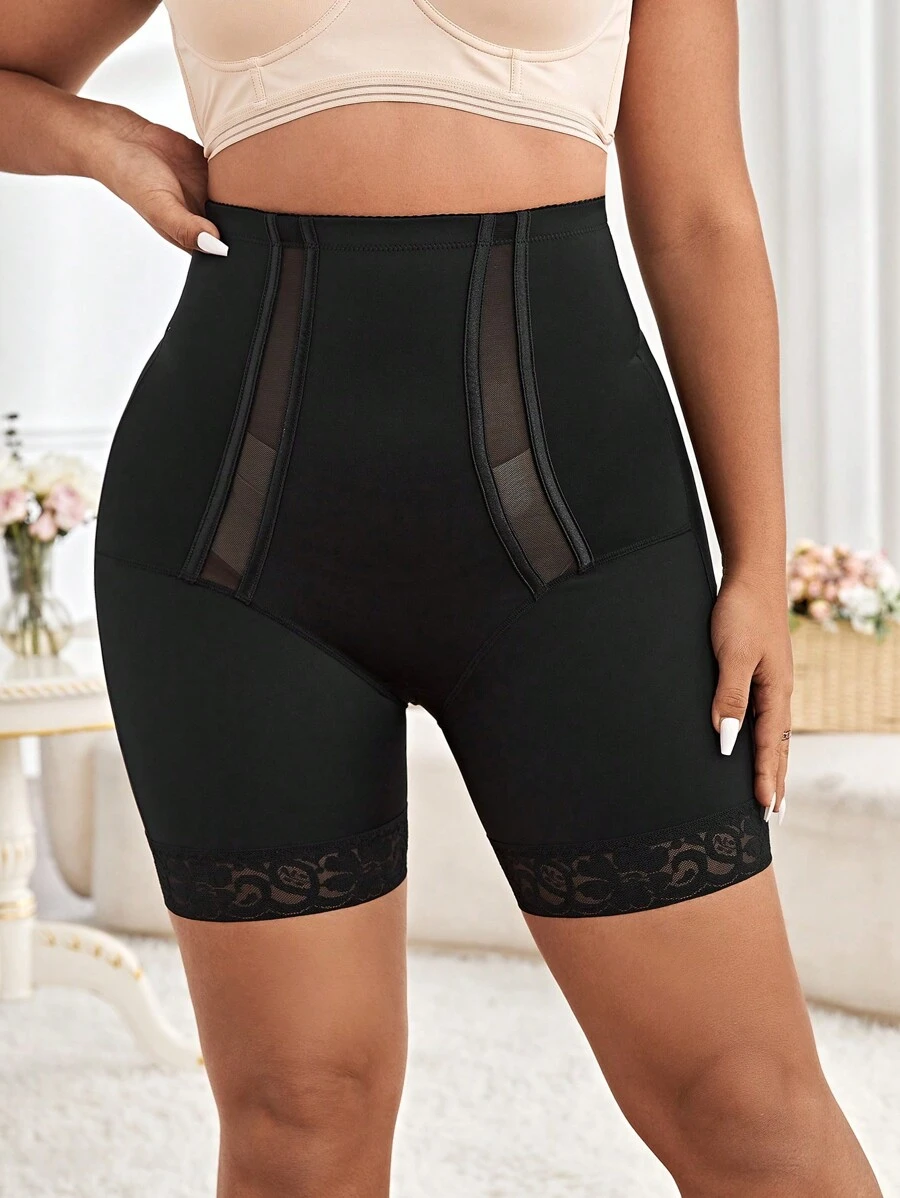 大碼網紗拼接塑身褲 - 黑色 - 查看 1