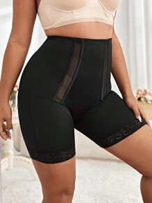 大碼網紗拼接塑身褲 - 黑色 - 查看 3