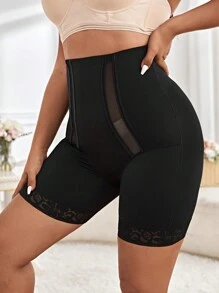 大碼網紗拼接塑身褲 - 黑色 - 查看 5