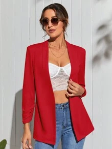 SHEIN Essnce 素色開門襟抽褶袖開門襟西裝外套 - 紅色 - 查看 4