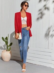 SHEIN Essnce 素色開門襟抽褶袖開門襟西裝外套 - 紅色 - 查看 3