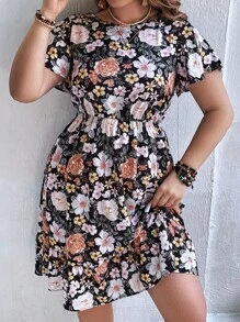 SHEIN VCAY Vestido con estampado floral bajo con fruncido - Multicolor - Ver 3