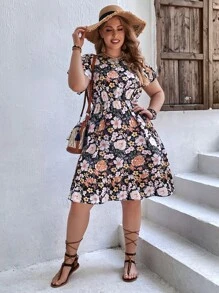 SHEIN VCAY Vestido con estampado floral bajo con fruncido - Multicolor - Ver 4