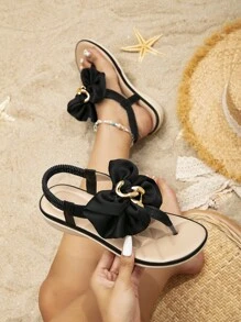 女性鏈條&蝴蝶結裝飾T字帶涼鞋,時尚夏天平底涼鞋 - 黑色 - 查看 1