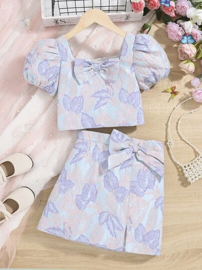 SHEIN 女孩熱帶圖案前蝴蝶結泡泡袖上衣&開衩短裙