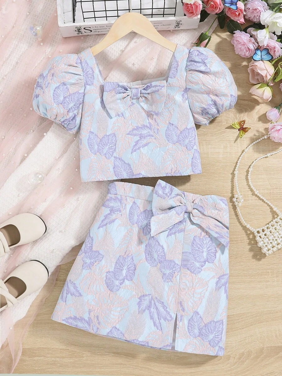 SHEIN 女孩熱帶圖案前蝴蝶結泡泡袖上衣&開衩短裙 - 彩色 - 查看 1