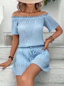 SHEIN VCAY 一字肩褶邊上衣和前打結短褲 - 淺藍色 - 查看 4