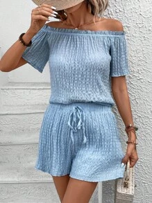 SHEIN VCAY 一字肩褶邊上衣和前打結短褲 - 淺藍色 - 查看 5