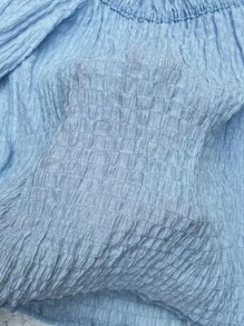 SHEIN VCAY 一字肩褶邊上衣和前打結短褲 - 淺藍色 - 查看 7