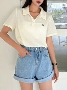 DAZY Chi tiết Patched thư Áo thun - Màu be - Xem 4