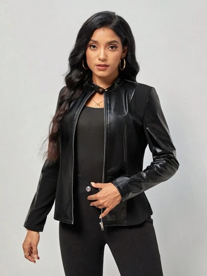 SHEIN Clasi 拉鏈開襟PU皮革夾克