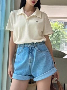 DAZY Chi tiết Patched thư Áo thun - Màu be - Xem 8