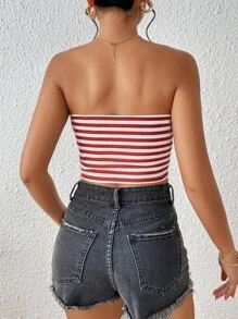 SHEIN Essnce 條紋印花抹胸上衣 - 紅白色 - 查看 2