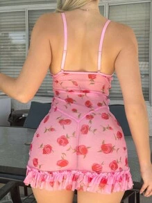 Floral Print Ruched Ruffle Hem Underwire Mesh Sexy Lingerie Dress With Thong - Multicolor - View 2