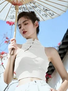 DAZY Solid Mandarin Collar Crop Tank Top - White - View 1