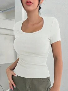 DAZY Chất rắn Scoop Cổ Áo thun - trắng - Xem 3