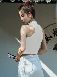DAZY Solid Mandarin Collar Crop Tank Top - White - View 2