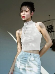 DAZY Solid Mandarin Collar Crop Tank Top - White - View 3