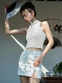 DAZY Solid Mandarin Collar Crop Tank Top - White - View 4