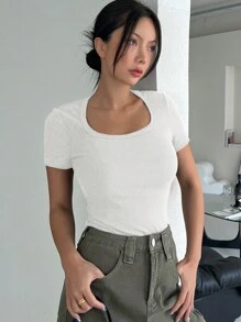 DAZY Chất rắn Scoop Cổ Áo thun - trắng - Xem 5