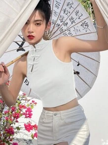 DAZY Solid Mandarin Collar Crop Tank Top - White - View 6