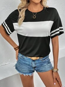 SHEIN LUNE Colorblock Striped Print Drop Shoulder Tee - Black and White - View 6