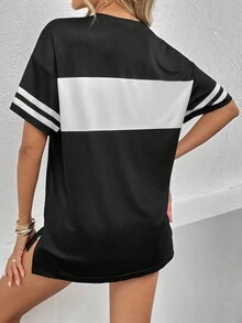 SHEIN LUNE Colorblock Striped Print Drop Shoulder Tee - Black and White - View 2