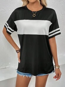 SHEIN LUNE Colorblock Striped Print Drop Shoulder Tee - Black and White - View 4